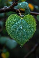 AI Generated Heart-shaped leaf is covered with raindrops. Green leaf with the words i love you sunday photo