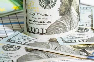 Macro image of US cash money. Hundred US dollar bills. Selective focus. photo