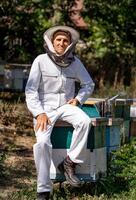 Portrait of happy male beekeeper. Beekeeper is working with bees and beehives on the apiary. photo