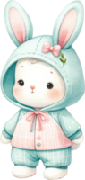 ai gegenereerd schattig konijn gekleed in een knus capuchon, presentatie van een zacht, pastel-thema esthetisch perfect voor Pasen png