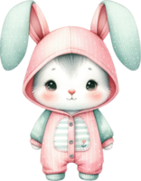 AI generated Cute bunny dressed in a cozy hoodie, showcasing a soft, pastel-themed aesthetic perfect for Easter png