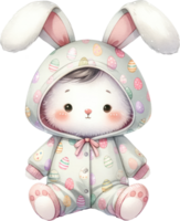 AI generated Easter bunny in a cute egg-print onesie, complete with a cozy hood and a warm, inviting smile png