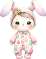 AI generated Easter bunny in a cute egg-print onesie, complete with a cozy hood and a warm, inviting smile png
