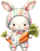 ai généré Pâques lapin dans une mignonne impression d'oeuf combinaison, Achevée avec une confortable capuche et une chaud, attrayant sourire png