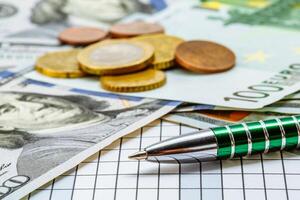 green pen lie on a checkered surface on the background of banknotes of one hundred dollars photo