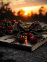 AI generated Book and red bows of graduation. A book with a decorative bow placed on its cover. photo