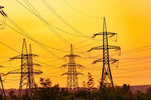 A number of high-voltage supports in the yellow sky. Supports, wires and trees at the yellow skyline. photo