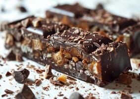 ai generado chocolate bar con nueces y caramelo en blanco antecedentes foto