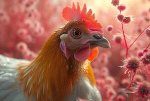 AI generated Rooster stands in field of pink flowers photo