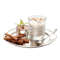 AI generated Glass of hot eggnog, christmas drink, made with eggs, cinnamon, almonds and rum liqueur png