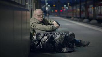 anziano senza casa uomo sofferenza a partire dal povertà guardare per Aiuto a treno stazione video