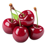 AI generated Three ripe cherries on stem with leaf isolated png