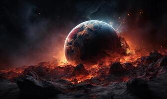 AI generated Apocalyptic background with planet Earth exploding armageddon illustration end of time. Elements of this image furnished by NASA photo