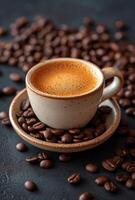AI Generated Cup of coffee with coffee beans on dark background. Cup of coffee with a saucer and coffee beans photo