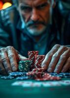 ai generado el casino jugador portazos póker papas fritas. un enfocado hombre comprometido en un juego de póker, sentado a un mesa con amigos en un bullicioso casino. foto