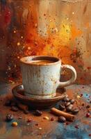 AI Generated Cup of coffee with coffee beans cinnamon sticks and anise stars photo