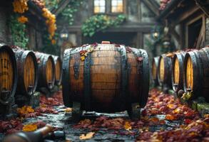 AI generated Barrels and barrels of wine in the courtyard of the old house photo