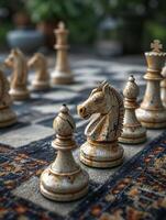AI generated Chess board on carpet containing chess pieces. A detailed close up shot of a chess board with various chess pieces strategically placed for a game. photo