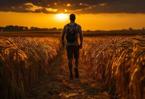 ai generado hombre corriendo pasado el silos en contra olímpico puesta de sol. un hombre es caminando mediante un campo de trigo durante atardecer, creando un sereno y tranquilo ambiente foto