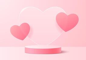 A round podium on a soft pink background with translucent hearts. Vector illustration.