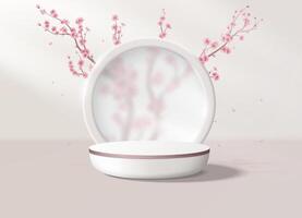 Realistic background with a podium in pastel pink colors. Round platform with frosted glass and flowers in the background to display your products. Vector illustration.