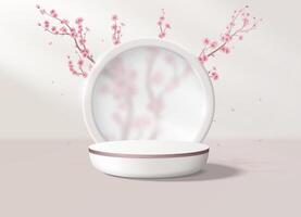 Realistic background with a podium in pastel pink colors. Round platform with frosted glass and flowers in the background to display your products. Vector illustration.