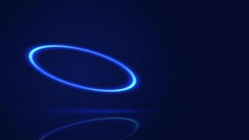 Neon circle on a dark blue background with reflection and sparks. Vector illustration.