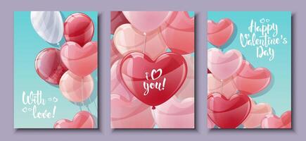 Set of cards for Valentine's Day and Mother's Day. Poster, banner with balloons on a blue background. Background with flying helium balloons in the shape of hearts. vector