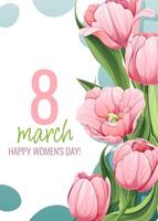 saludo tarjeta para internacional De las mujeres día. póster con rosado tulipanes para marzo 8vo. vector modelo con primavera ramo de flores