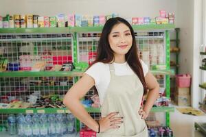 confidente joven asiático mujer como conveniencia Tienda personal en delantal en pie con brazos cruzado sonriente a cámara. foto