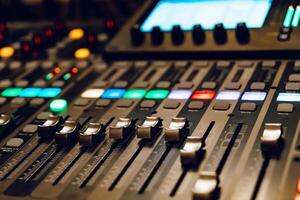 Professional concert mixing console. Music record studio. Close-up photo