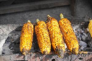Ripe yellow corn being grilled on the grille with flaming charcoal, ready to serve. photo