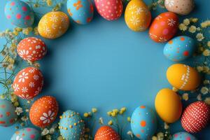 AI generated Colorful wooden easter eggs make up a frame photo