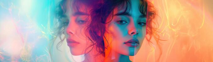 AI generated Girl with a woman colorful background, in the style of deconstructed minimalism, double exposure photo