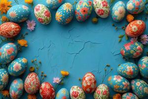 AI generated Colorful wooden easter eggs make up a frame photo