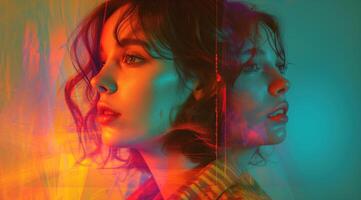 AI generated Girl with a woman colorful background, in the style of deconstructed minimalism, double exposure photo