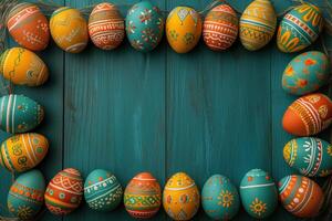 AI generated Colorful wooden easter eggs make up a frame photo