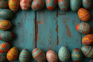 ai generado vistoso de madera Pascua de Resurrección huevos hacer arriba un marco foto