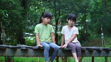 Cute Asian girls sitting together on wooden bridge. Two happy young cute girls are having fun outdoors. Asian siblings playing in the garden. video