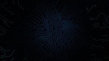 Background of complex circuit board drawn with blue lines that rotates while the circuits are turned on and slowly lights up against a black background video