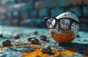 AI generated 3d rendering cygnus egg. A cracked white egg with a pair of black glasses placed on top, creating an interesting visual contrast. photo