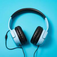 AI generated Blue headphones on blue background photo