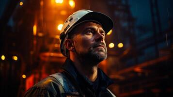 AI generated Oil rig operator and engineer. Portrait of worker in overalls and helmet on background of pipes machinery and bright lights. The concept of the oil industry. photo