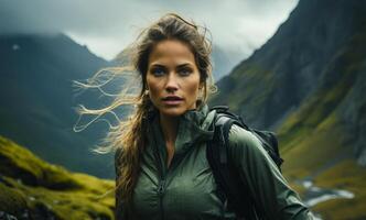 ai generado hembra atleta en sendero en el montañas. un mujer con largo pelo lleva un mochila como ella explora el montañoso terreno. foto