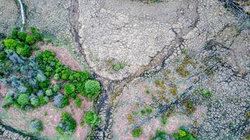 Aerial view of a dry landscape with green shrubbery and meandering trails. photo