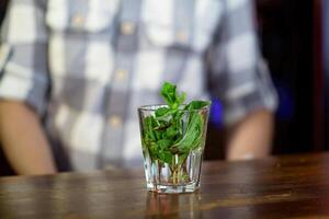 a glass filled with branches of a fragrant mint stand on a wooden table on the background photo