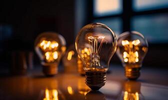 AI Generated Light bulbs are lying on wooden table in dark room. photo