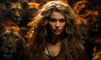 AI generated Beautiful woman and group of fierce lions photo