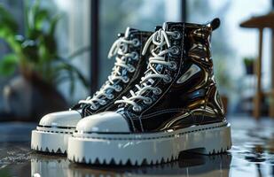 AI generated A pair of black and white platform boots. A pair of black and white shoes are placed atop a wooden table, creating a simple yet intriguing composition. photo