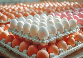 AI generated Crates filled with white and orange eggs. Several trays of eggs neatly arranged on top of each other. photo